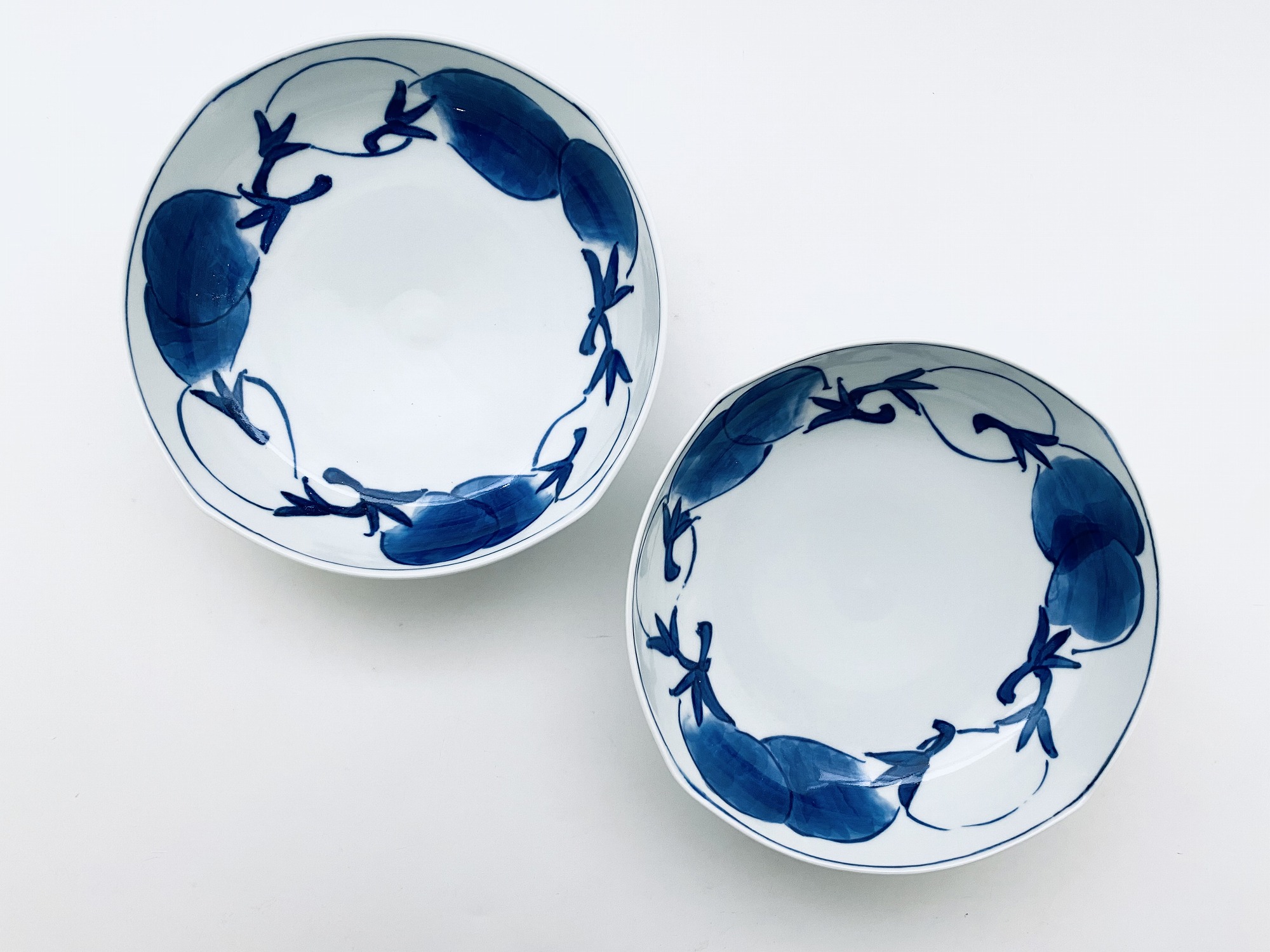 茄子絵四方なぶり６寸鉢(２コセット)しん窯青花限定商品