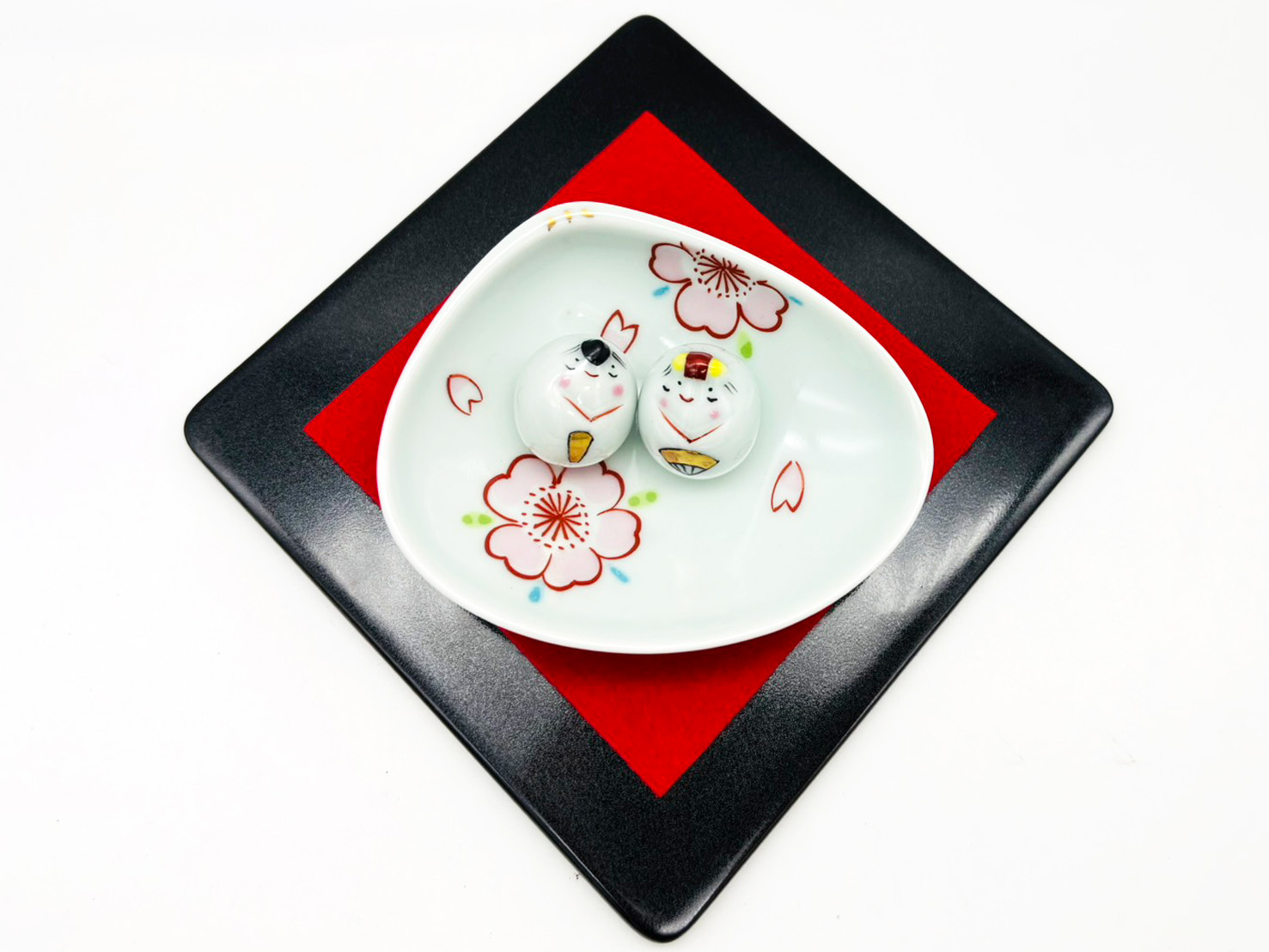 豆ひな人形2人揃(桜絵、貝型台皿付)