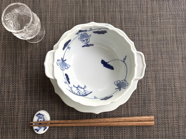 牡丹唐草異人新耳付きスープ碗