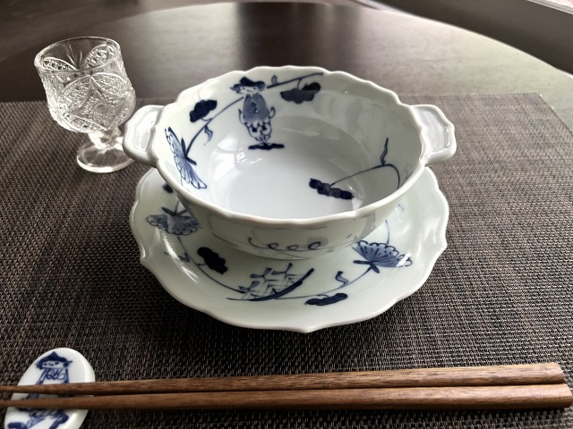 牡丹唐草異人新耳付きスープ碗