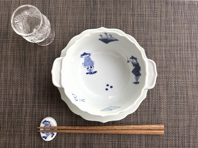 じゅんじゅん 青花しん窯　有田焼　 マント異人耳付きスープ碗皿5客セット 異人づくし新耳付スープ碗 しん窯青花